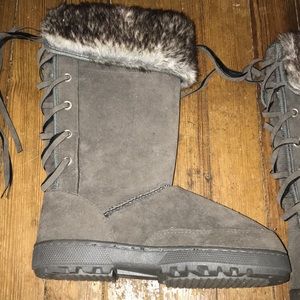 Grey furry boots